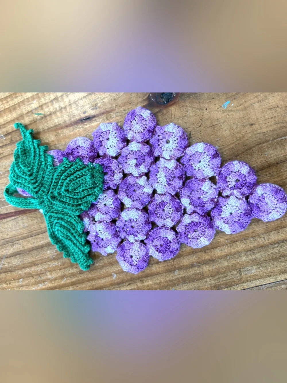 Handmade Crochet Grape Applique in Purple and Green hot pad wall hanging decor